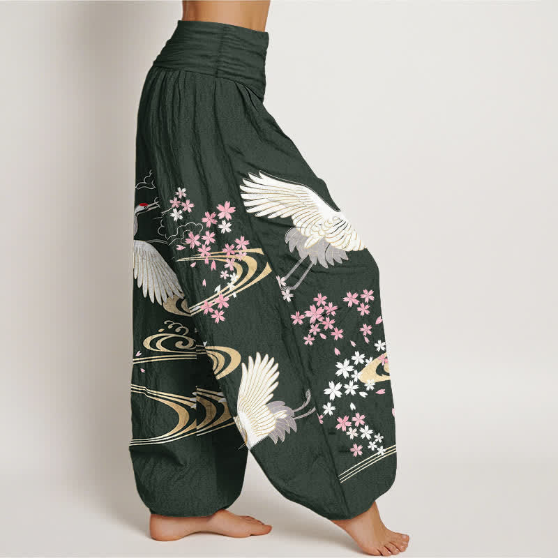 Buddha Stones Cotton Crane Sakura Pattern Women's Elastic Waist Harem Pants - image 6