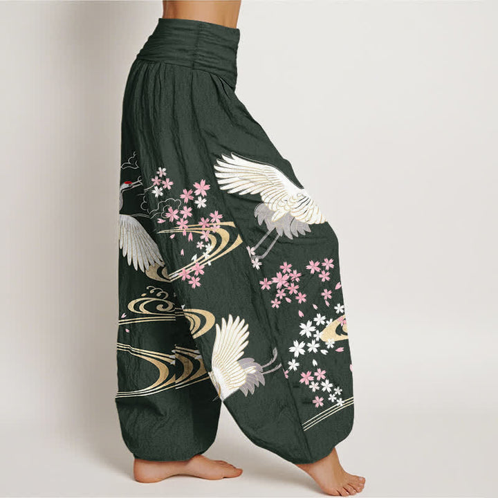 Buddha Stones Cotton Crane Sakura Pattern Women's Elastic Waist Harem Pants - image 6