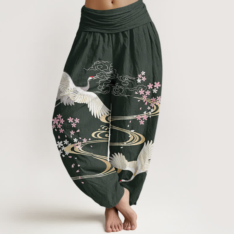 Buddha Stones Cotton Crane Sakura Pattern Women's Elastic Waist Harem Pants - DarkGreen - US16，UK/AU20，EU48 (3XL) - image 5