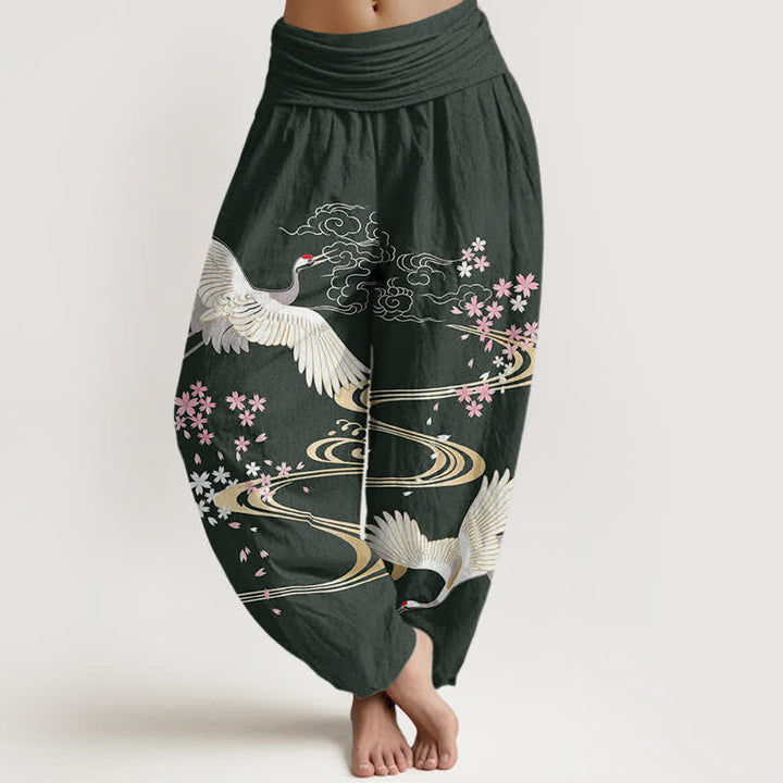 Buddha Stones Cotton Crane Sakura Pattern Women's Elastic Waist Harem Pants - DarkGreen - US16，UK/AU20，EU48 (3XL) - image 5