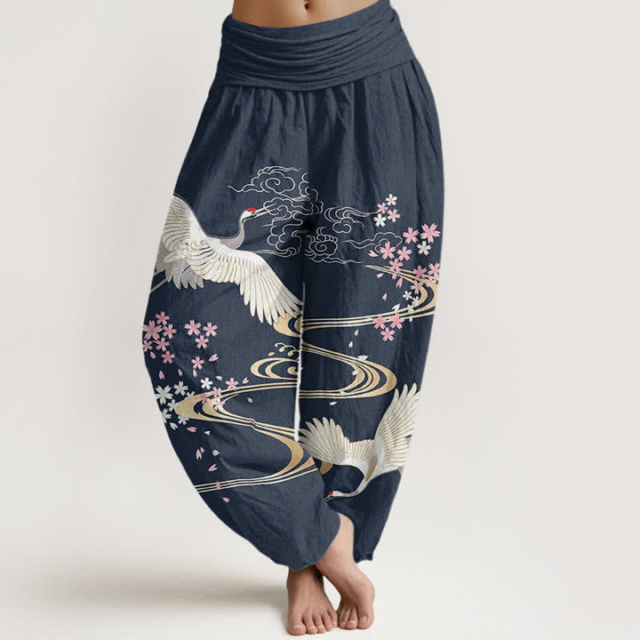 Buddha Stones Cotton Crane Sakura Pattern Women's Elastic Waist Harem Pants - Navy - US16，UK/AU20，EU48 (3XL) - image 8