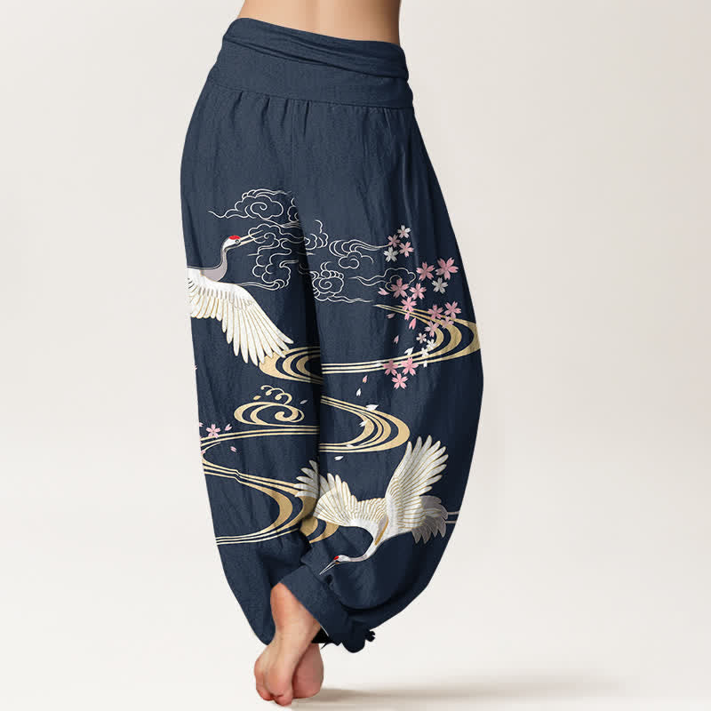 Buddha Stones Cotton Crane Sakura Pattern Women's Elastic Waist Harem Pants - image 10