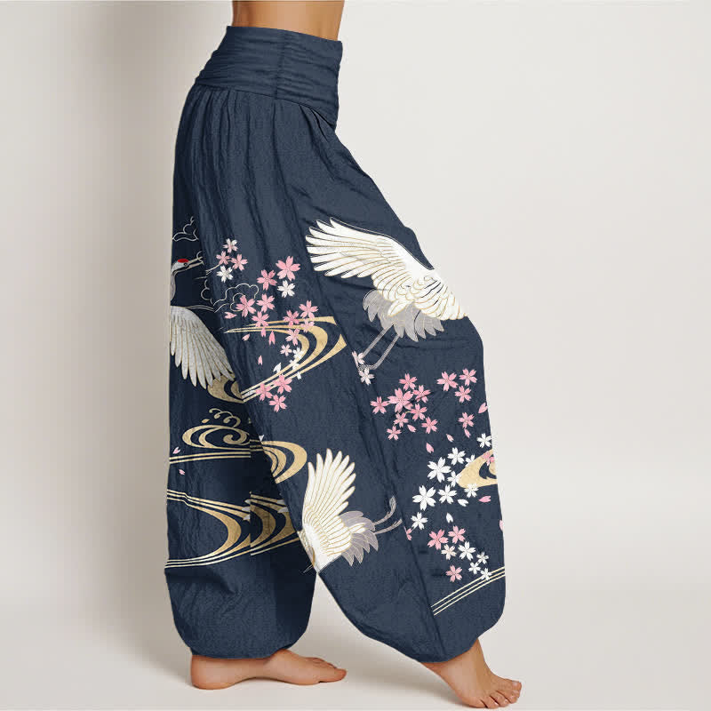 Buddha Stones Cotton Crane Sakura Pattern Women's Elastic Waist Harem Pants - image 9