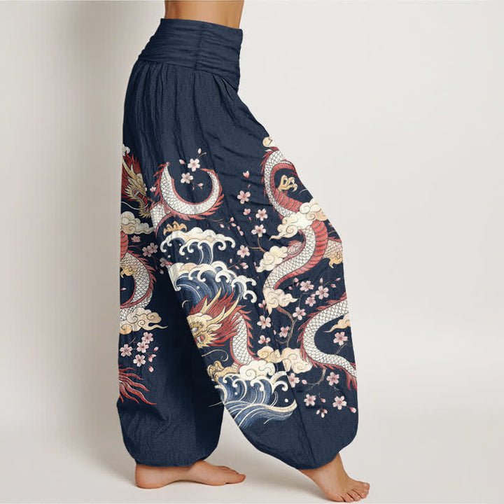 Buddha Stones Cotton Dragon Wave Blossom Pattern Women's Elastic Waist Harem Pants - image 1
