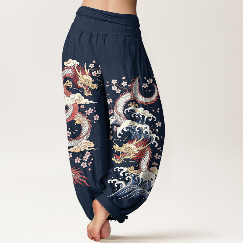 Buddha Stones Cotton Dragon Wave Blossom Pattern Women's Elastic Waist Harem Pants - image 2