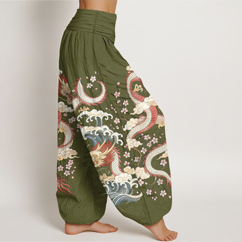 Buddha Stones Cotton Dragon Wave Blossom Pattern Women's Elastic Waist Harem Pants - image 6