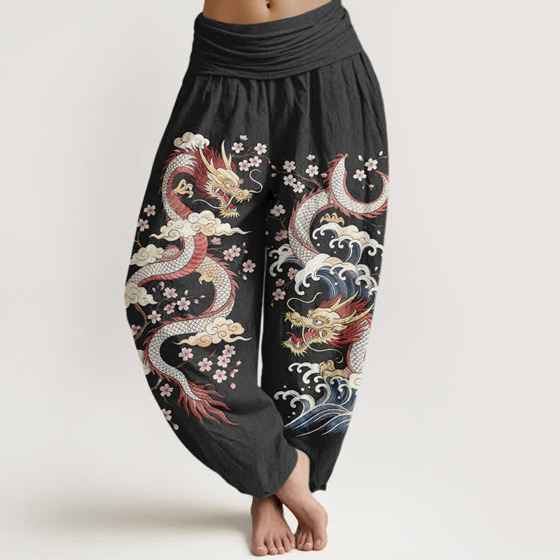 Buddha Stones Cotton Dragon Wave Blossom Pattern Women's Elastic Waist Harem Pants - Black - US16，UK/AU20，EU48 (3XL) - image 8