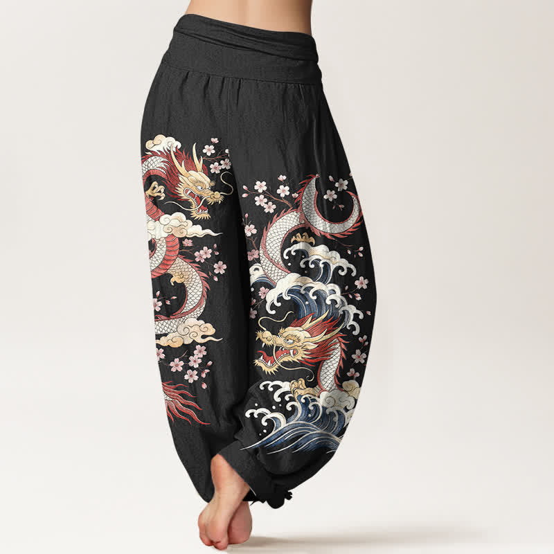 Buddha Stones Cotton Dragon Wave Blossom Pattern Women's Elastic Waist Harem Pants - image 10