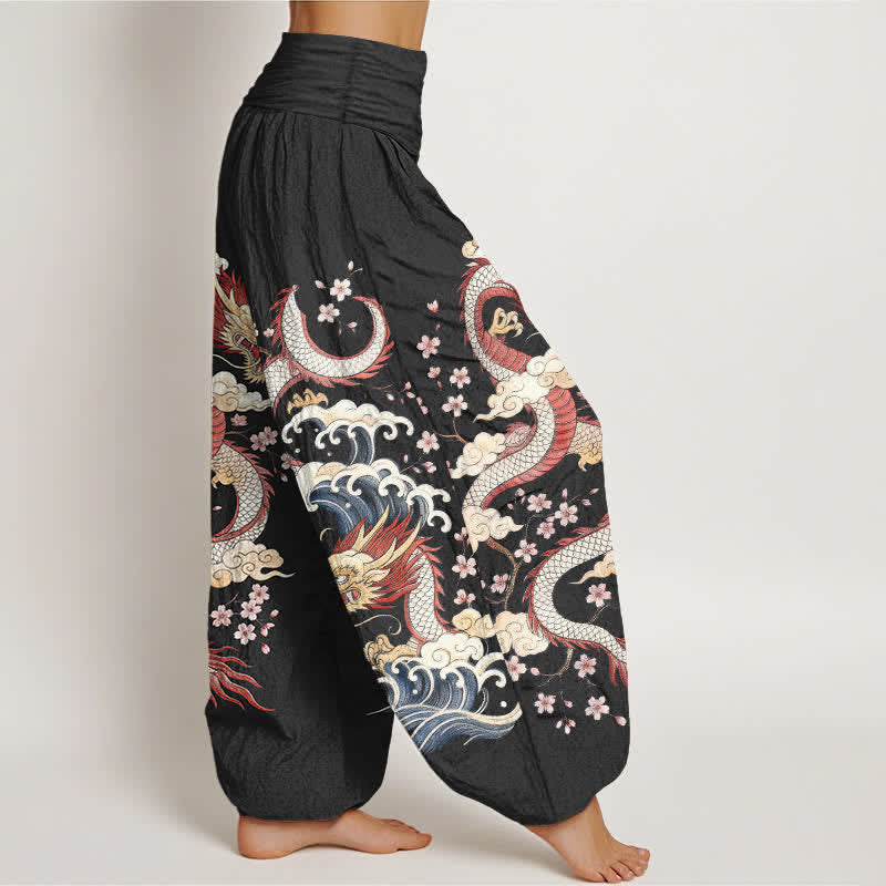 Buddha Stones Cotton Dragon Wave Blossom Pattern Women's Elastic Waist Harem Pants - image 9