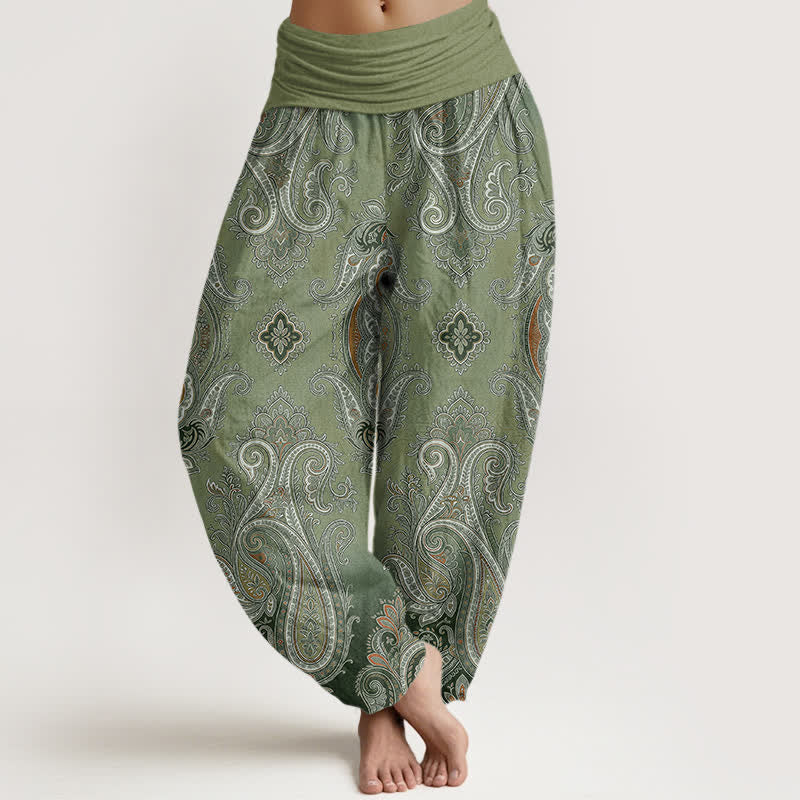 Buddha Stones Cotton Vintage Paisley Mosaic Pattern Women's Elastic Waist Harem Pants - OliveDrab - US16，UK/AU20，EU48 (3XL) - image 5