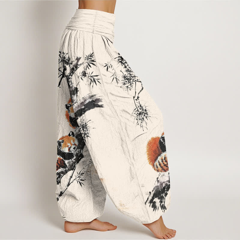 Buddha Stones Cotton Ink Bamboo Red Panda Pattern Women's Elastic Waist Harem Pants - image 1