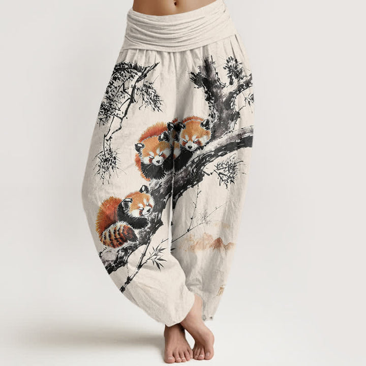 Buddha Stones Cotton Ink Bamboo Red Panda Pattern Women's Elastic Waist Harem Pants - Linen - US16，UK/AU20，EU48 (3XL) - image 0