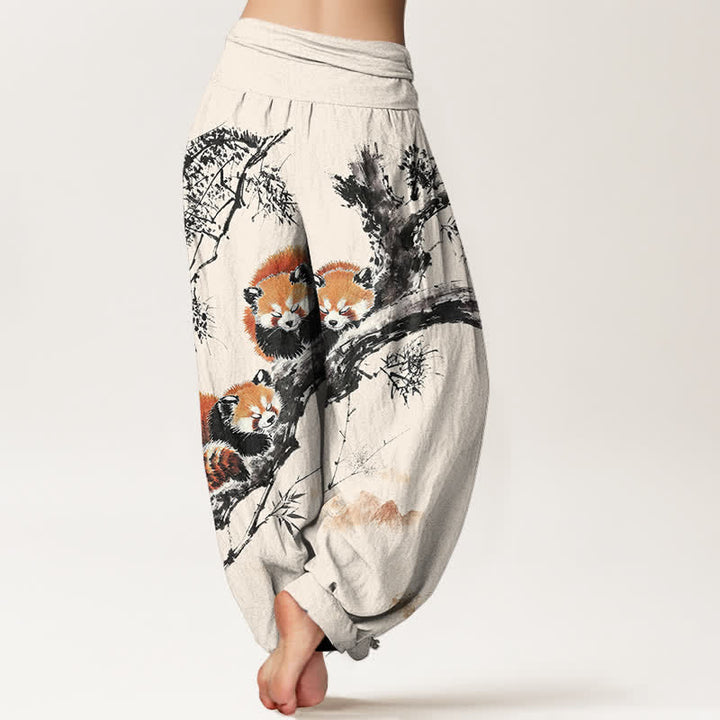 Buddha Stones Cotton Ink Bamboo Red Panda Pattern Women's Elastic Waist Harem Pants - image 2