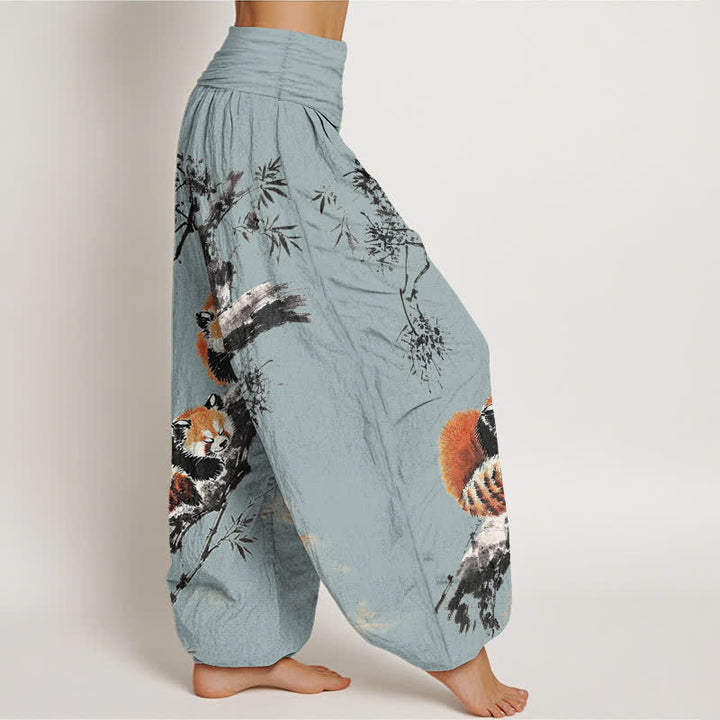 Buddha Stones Cotton Ink Bamboo Red Panda Pattern Women's Elastic Waist Harem Pants - image 10