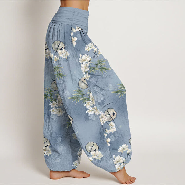 Buddha Stones Cotton Fans White Blossom Leaf Pattern Women's Elastic Waist Harem Pants - image 1
