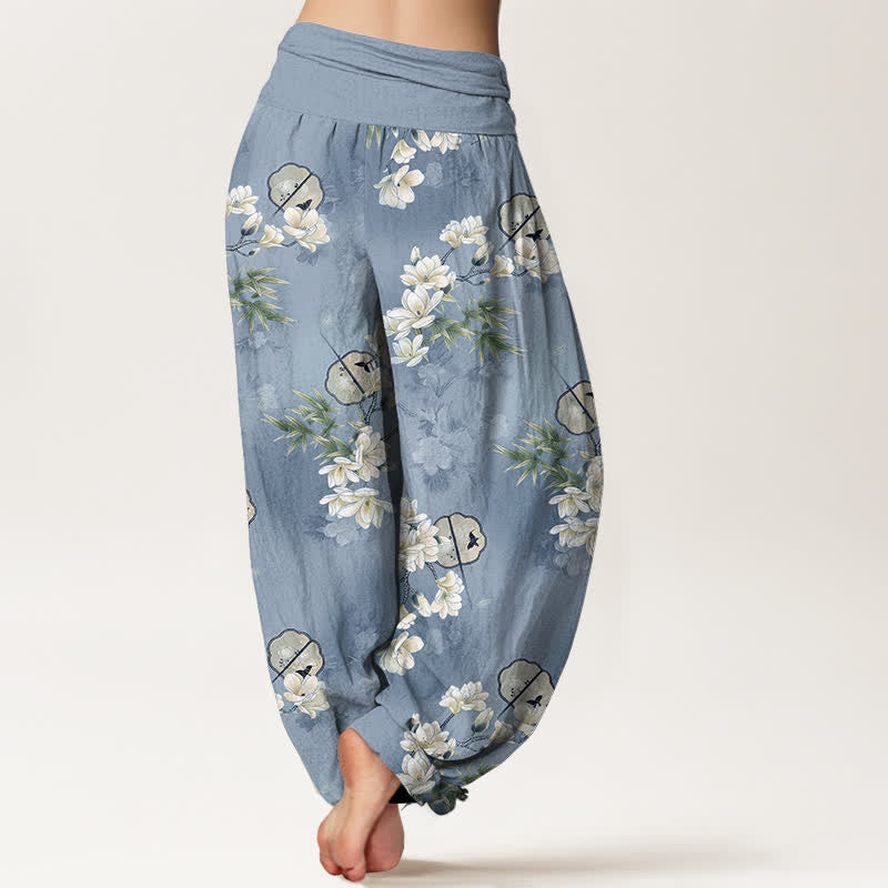 Buddha Stones Cotton Fans White Blossom Leaf Pattern Women's Elastic Waist Harem Pants - image 2