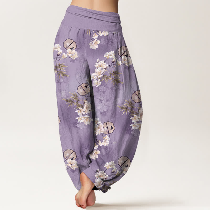 Buddha Stones Cotton Fans White Blossom Leaf Pattern Women's Elastic Waist Harem Pants - image 7