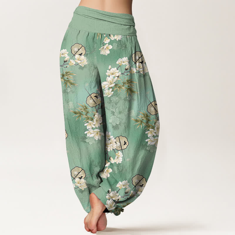 Buddha Stones Cotton Fans White Blossom Leaf Pattern Women's Elastic Waist Harem Pants - image 10