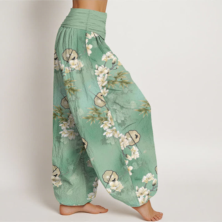Buddha Stones Cotton Fans White Blossom Leaf Pattern Women's Elastic Waist Harem Pants - image 9