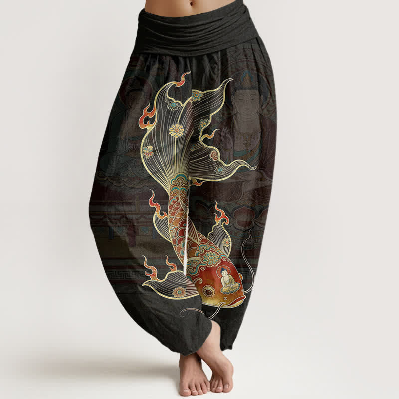Buddha Stones Cotton Koi Fish Guanyin Pattern Women's Elastic Waist Harem Pants - Black - US16，UK/AU20，EU48 (3XL) - image 0