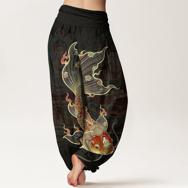Buddha Stones Cotton Koi Fish Guanyin Pattern Women's Elastic Waist Harem Pants - image 1