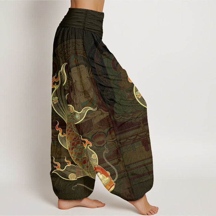 Buddha Stones Cotton Koi Fish Guanyin Pattern Women's Elastic Waist Harem Pants - image 6