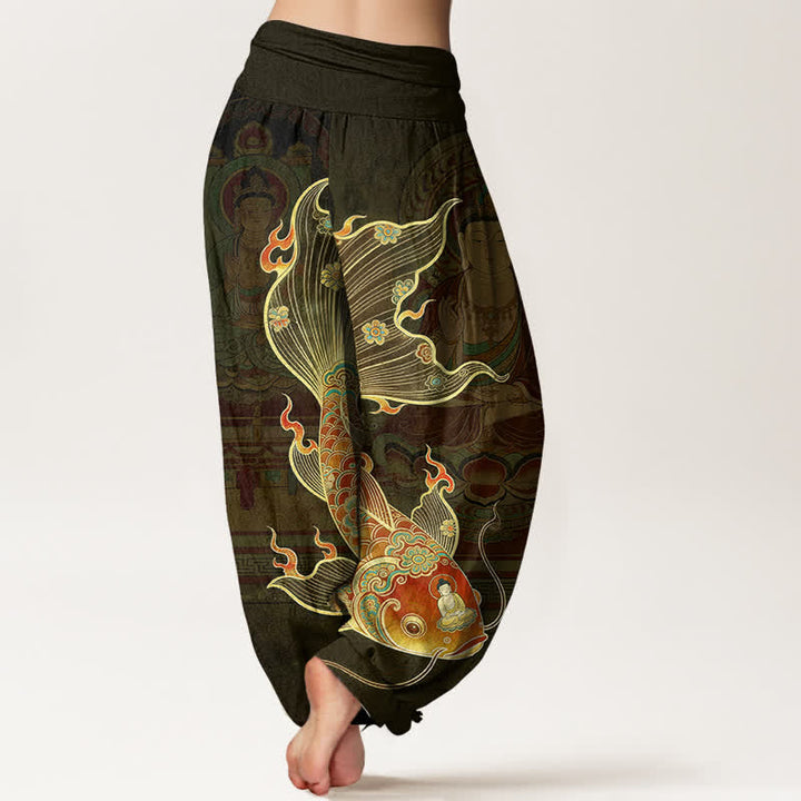 Buddha Stones Cotton Koi Fish Guanyin Pattern Women's Elastic Waist Harem Pants - image 7