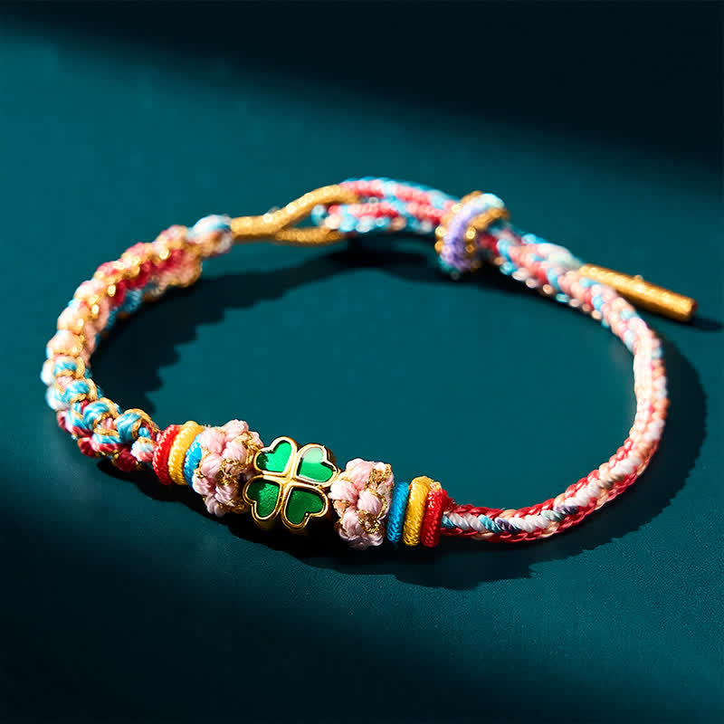 Buddha Stones Hand-Woven Multicolor Peach Blossom Heart-Shaped Green Four Leaf Clover Luck Rope Bracelet - image 14