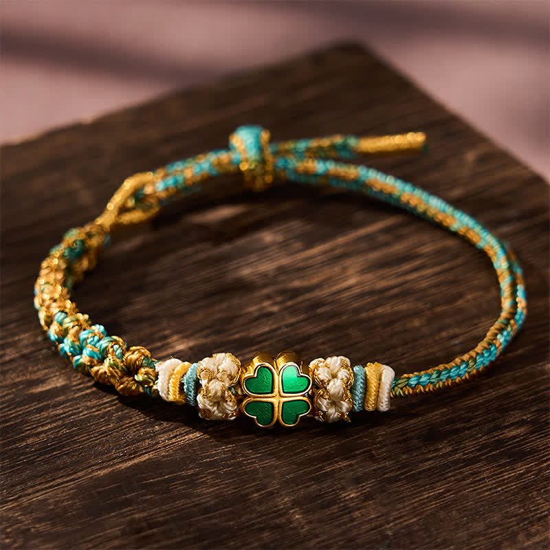 Buddha Stones Hand-Woven Multicolor Peach Blossom Heart-Shaped Green Four Leaf Clover Luck Rope Bracelet - image 4