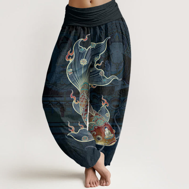 Buddha Stones Cotton Koi Fish Guanyin Pattern Women's Elastic Waist Harem Pants - Navy - US16，UK/AU20，EU48 (3XL) - image 8