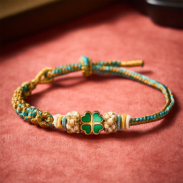 Buddha Stones Hand-Woven Multicolor Peach Blossom Heart-Shaped Green Four Leaf Clover Luck Rope Bracelet - image 3