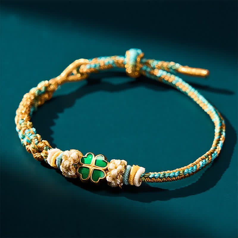 Buddha Stones Hand-Woven Multicolor Peach Blossom Heart-Shaped Green Four Leaf Clover Luck Rope Bracelet - image 1