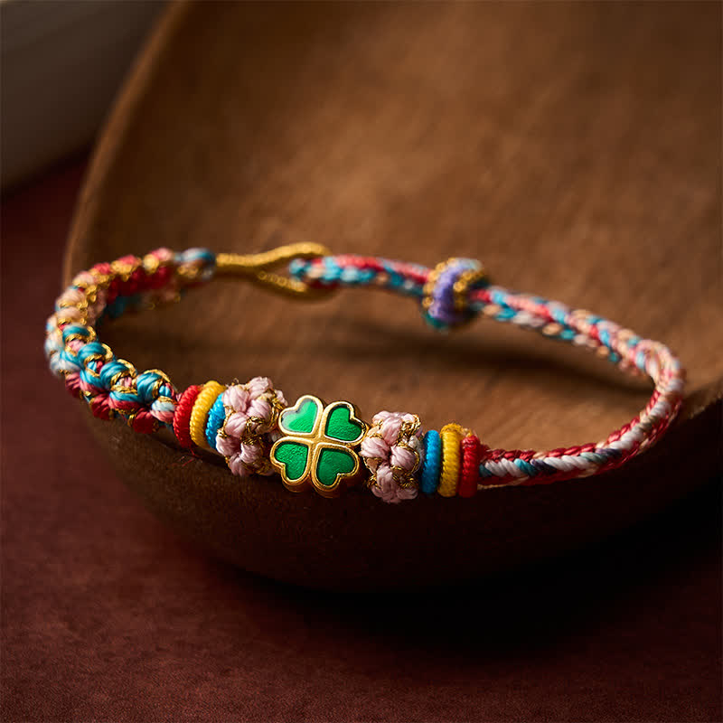 Buddha Stones Hand-Woven Multicolor Peach Blossom Heart-Shaped Green Four Leaf Clover Luck Rope Bracelet - image 13
