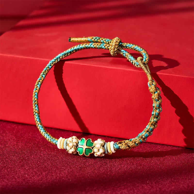 Buddha Stones Hand-Woven Multicolor Peach Blossom Heart-Shaped Green Four Leaf Clover Luck Rope Bracelet - image 2
