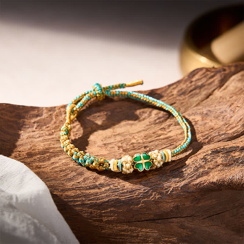 Buddha Stones Hand-Woven Multicolor Peach Blossom Heart-Shaped Green Four Leaf Clover Luck Rope Bracelet - image 5