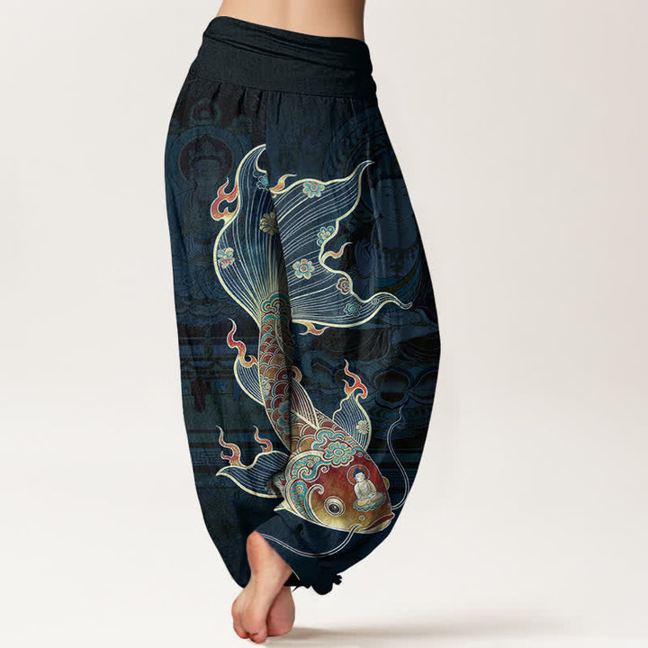 Buddha Stones Cotton Koi Fish Guanyin Pattern Women's Elastic Waist Harem Pants - image 10