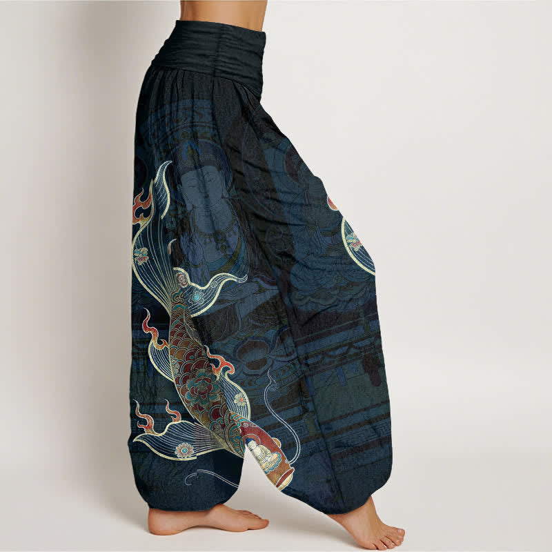 Buddha Stones Cotton Koi Fish Guanyin Pattern Women's Elastic Waist Harem Pants - image 9