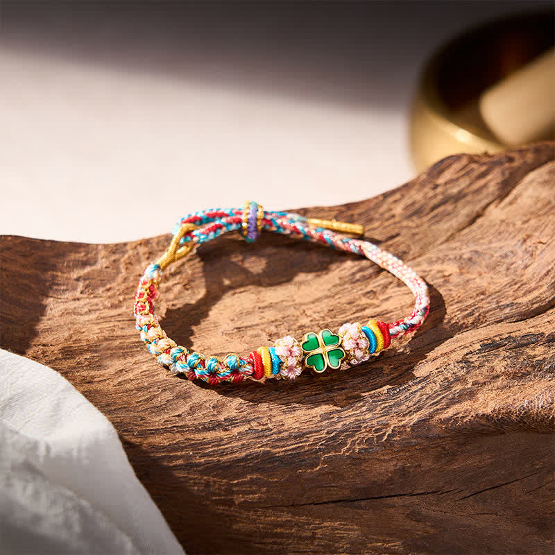 Buddha Stones Hand-Woven Multicolor Peach Blossom Heart-Shaped Green Four Leaf Clover Luck Rope Bracelet - image 15