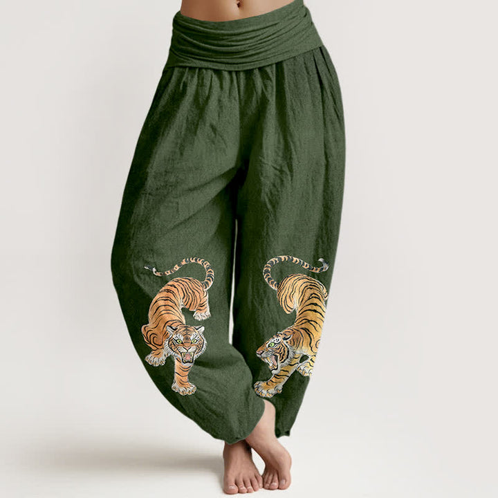Buddha Stones Cotton Majestic Tiger Pattern Women's Elastic Waist Harem Pants - ForestGreen - US16，UK/AU20，EU48 (3XL) - image 0