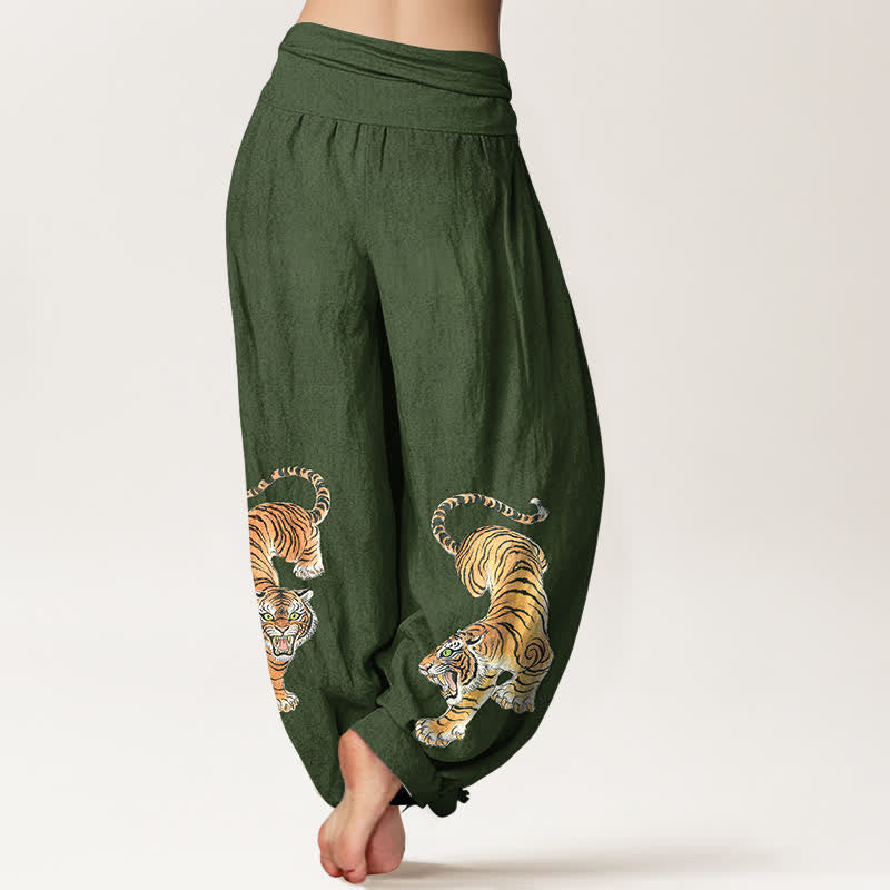 Buddha Stones Cotton Majestic Tiger Pattern Women's Elastic Waist Harem Pants - image 1