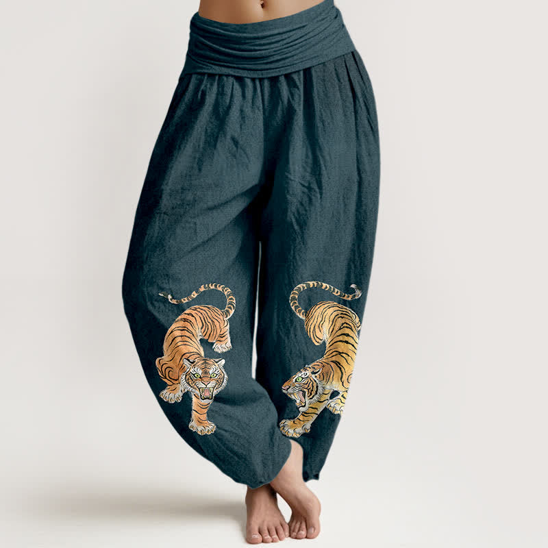 Buddha Stones Cotton Majestic Tiger Pattern Women's Elastic Waist Harem Pants - SteelBlue - US16，UK/AU20，EU48 (3XL) - image 5