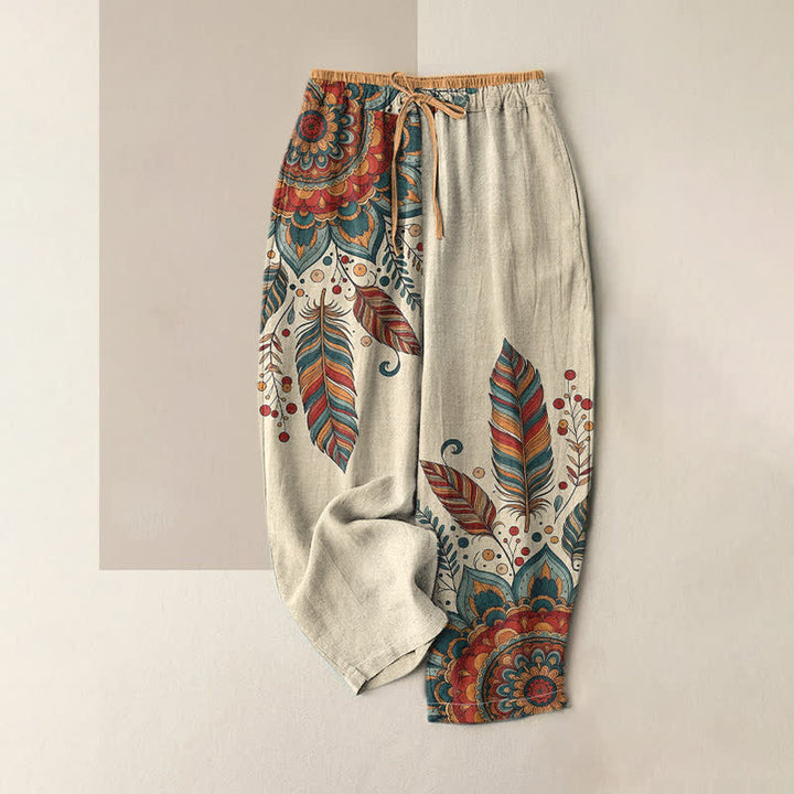 Buddha Stones Pure Cotton Elegant Bohemian Floral Pattern Women's Elastic Waist Pants With Pockets - Red - US16，UK/AU20，EU48 (3XL) - image 0