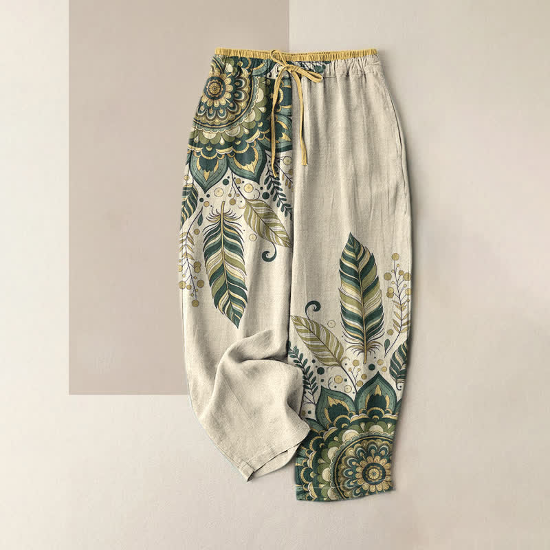 Buddha Stones Pure Cotton Elegant Bohemian Floral Pattern Women's Elastic Waist Pants With Pockets - Green - US16，UK/AU20，EU48 (3XL) - image 3
