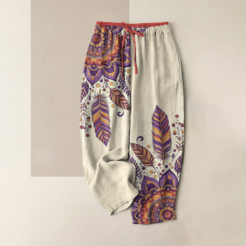 Buddha Stones Pure Cotton Elegant Bohemian Floral Pattern Women's Elastic Waist Pants With Pockets - DarkOrchid - US16，UK/AU20，EU48 (3XL) - image 4