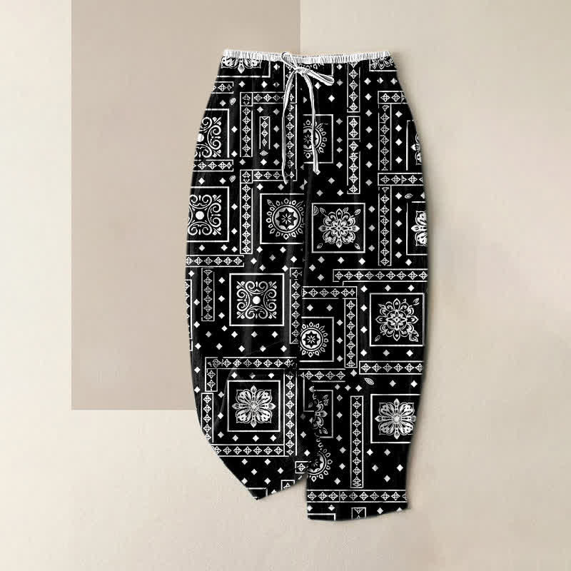 Buddha Stones Pure Cotton Vintage Bandana Patchwork Pattern Women's Elastic Waist Pants With Pockets - Black - US16，UK/AU20，EU48 (3XL) - image 0