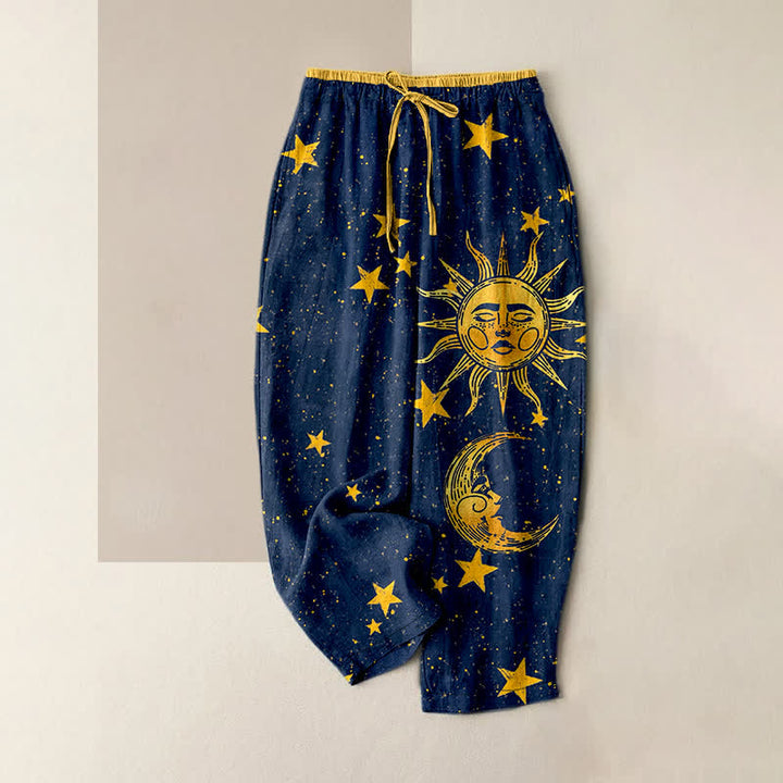 Buddha Stones Pure Cotton Mystic Moon Sun Pattern Women's Elastic Waist Pants With Pockets - Navy - US16，UK/AU20，EU48 (3XL) - image 0