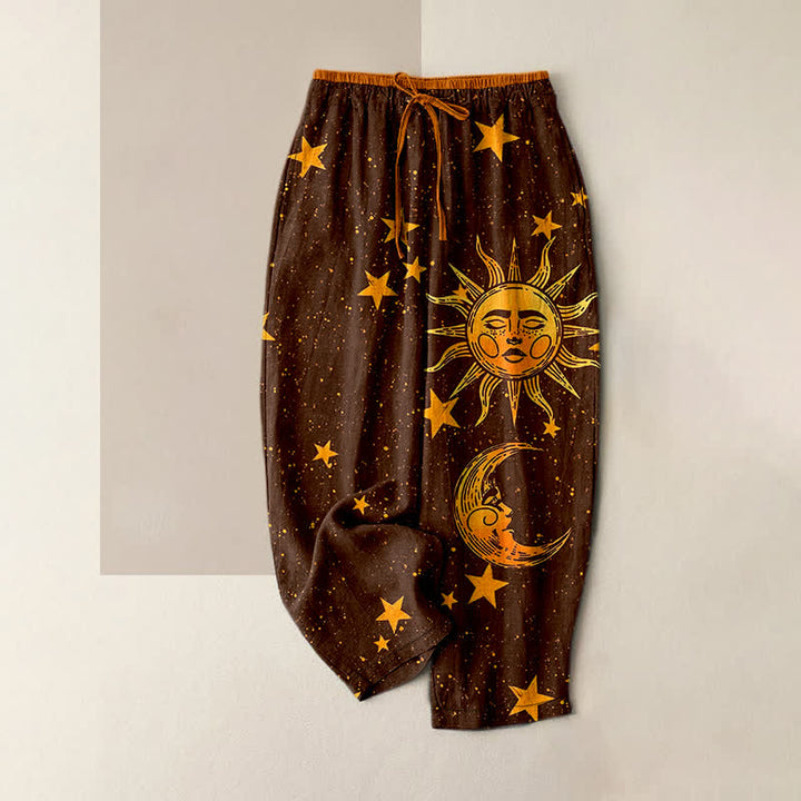 Buddha Stones Pure Cotton Mystic Moon Sun Pattern Women's Elastic Waist Pants With Pockets - SaddleBrown - US16，UK/AU20，EU48 (3XL) - image 5