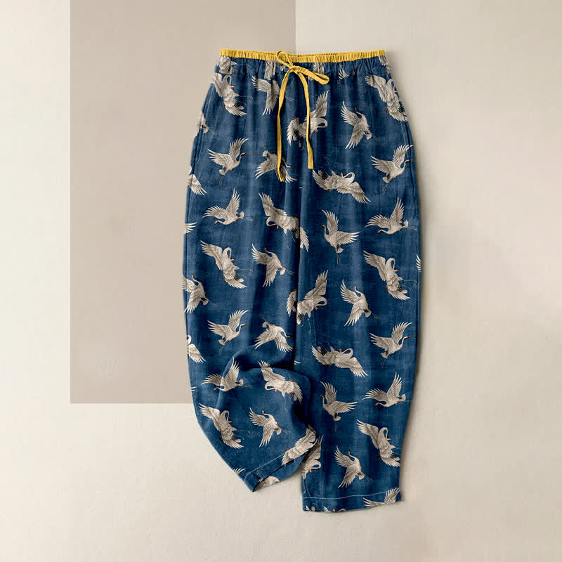 Buddha Stones Pure Cotton Graceful Crane Pattern Women's Elastic Waist Pants With Pockets - Navy - US16，UK/AU20，EU48 (3XL) - image 0