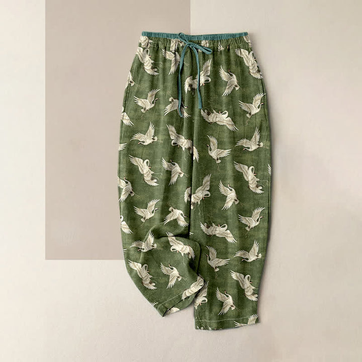 Buddha Stones Pure Cotton Graceful Crane Pattern Women's Elastic Waist Pants With Pockets - OliveDrab - US16，UK/AU20，EU48 (3XL) - image 4