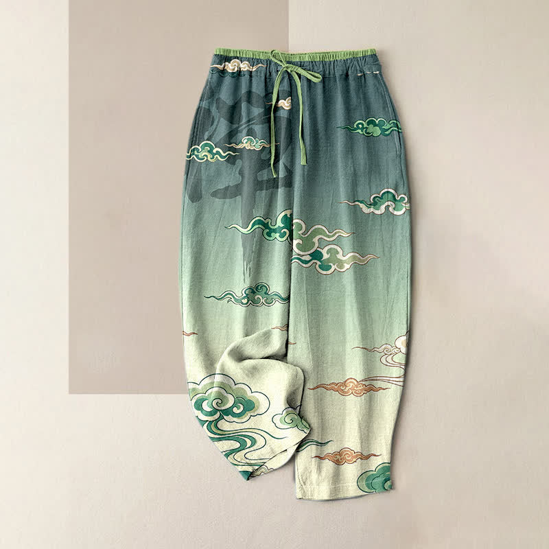 Buddha Stones Pure Cotton Traditional Cloud Pattern Women's Elastic Waist Pants With Pockets - MediumAquamarine - US16，UK/AU20，EU48 (3XL) - image 3